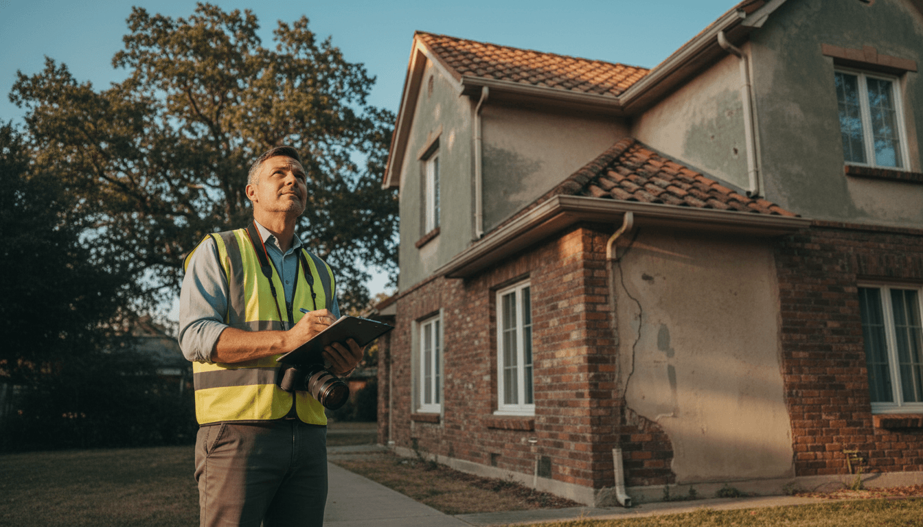 Property inspector examining exterior condition of residential home in Jasper