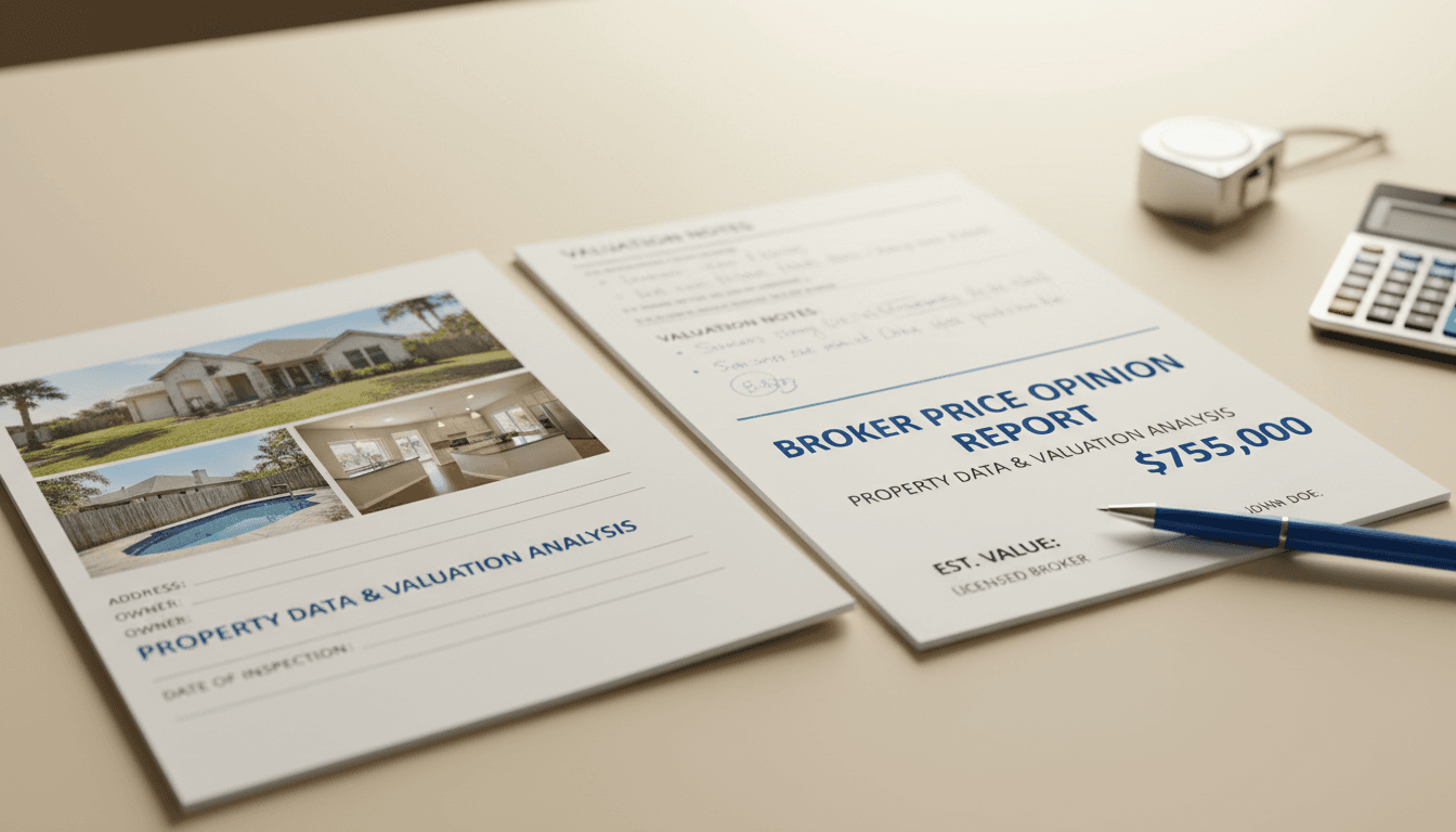 Completed Broker Price Opinion report with property valuation documentation