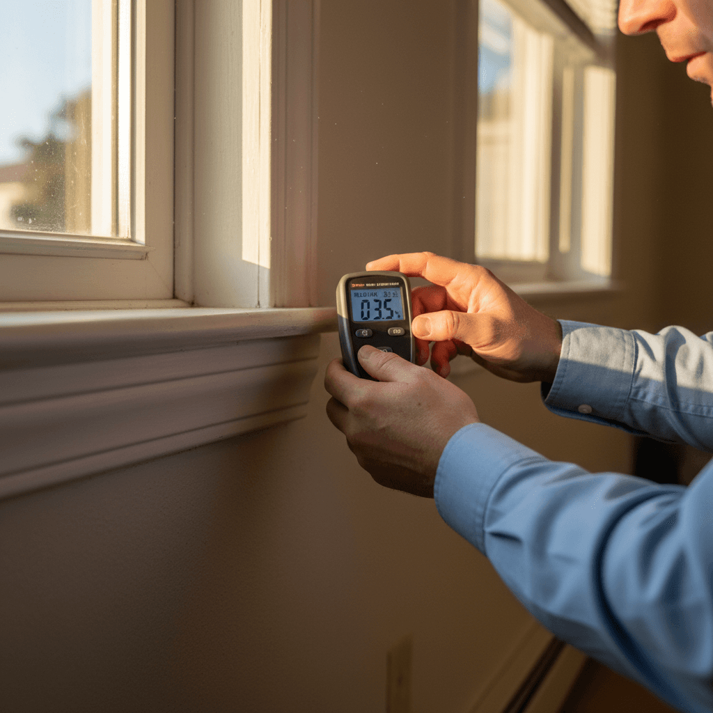 Professional property inspector reviewing inspection report in front of residential home
