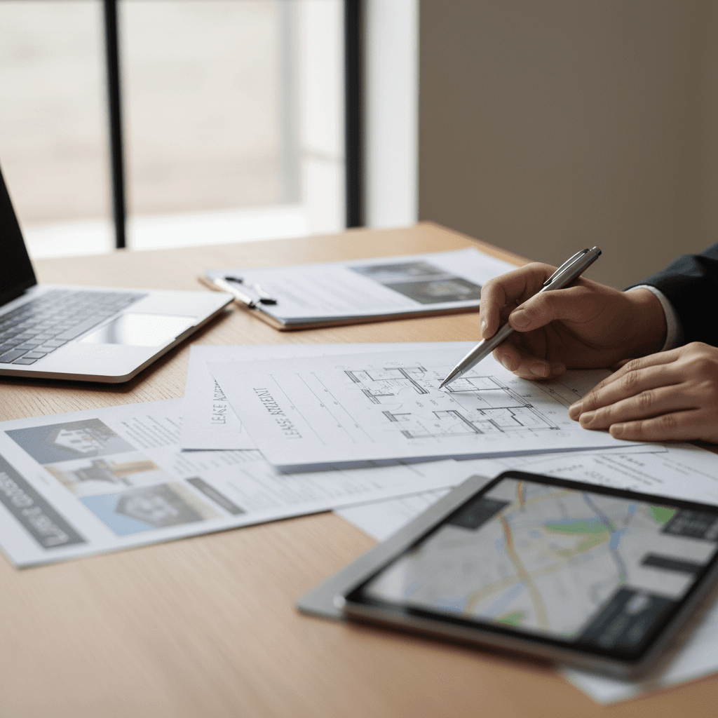 Real estate professional reviewing property assessment documents at a desk with natural window lighting