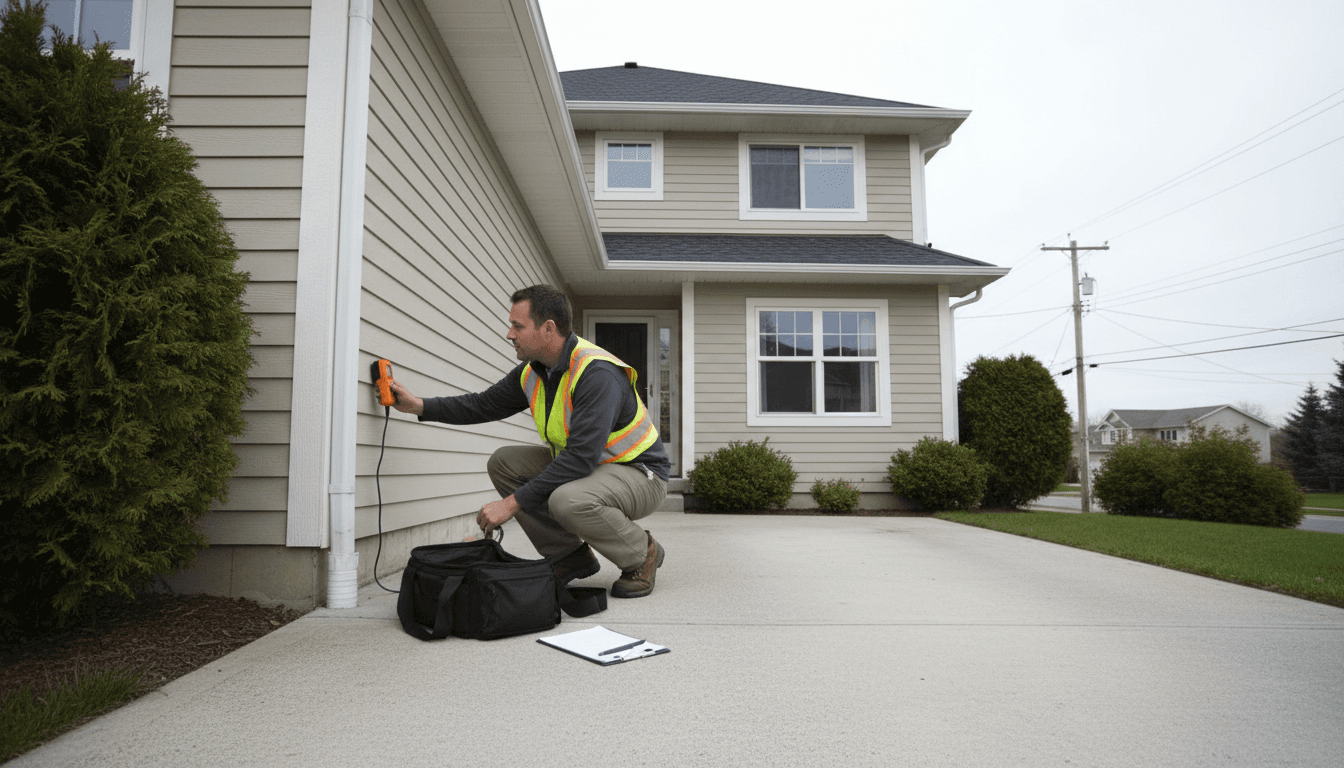 Professional property inspector examining exterior house condition