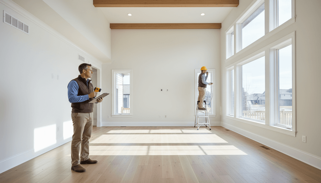 Property inspector conducting exterior assessment